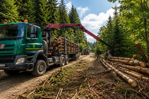 TATRA Phoenix s hydraulickou rukou pri nakladaní guľatiny