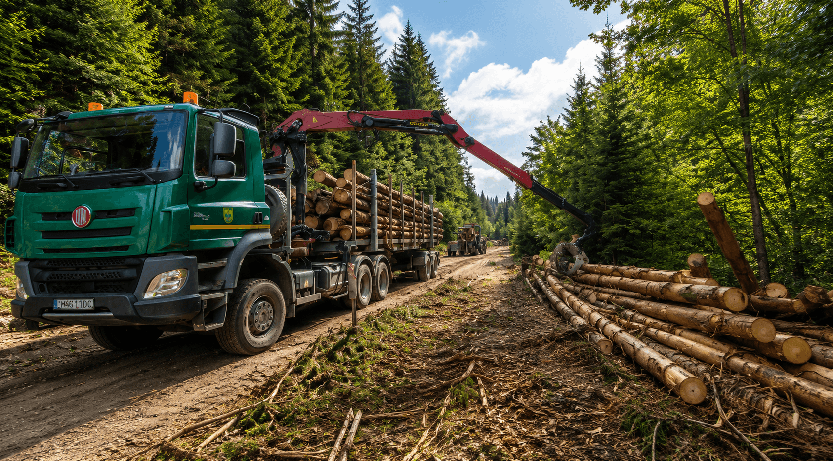 TATRA Phoenix s hydraulickou rukou pri nakladaní guľatiny