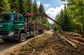 TATRA Phoenix s hydraulickou rukou pri nakladaní guľatiny